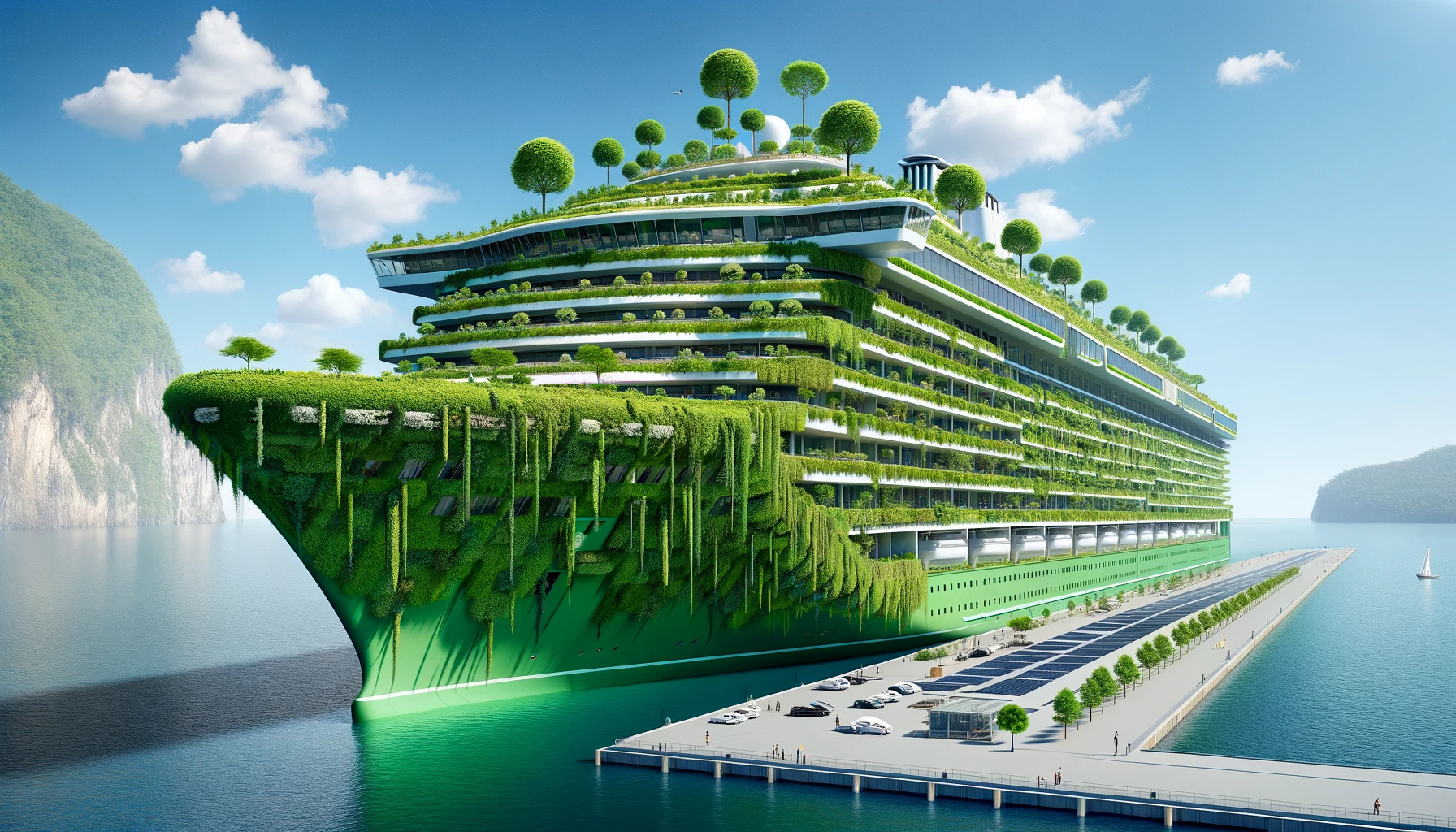 sustainable cruising - Imagine a large, state-of-the-art cruise ship covered with lush, green vertical gardens. These gardens are integrated into the ship's design.